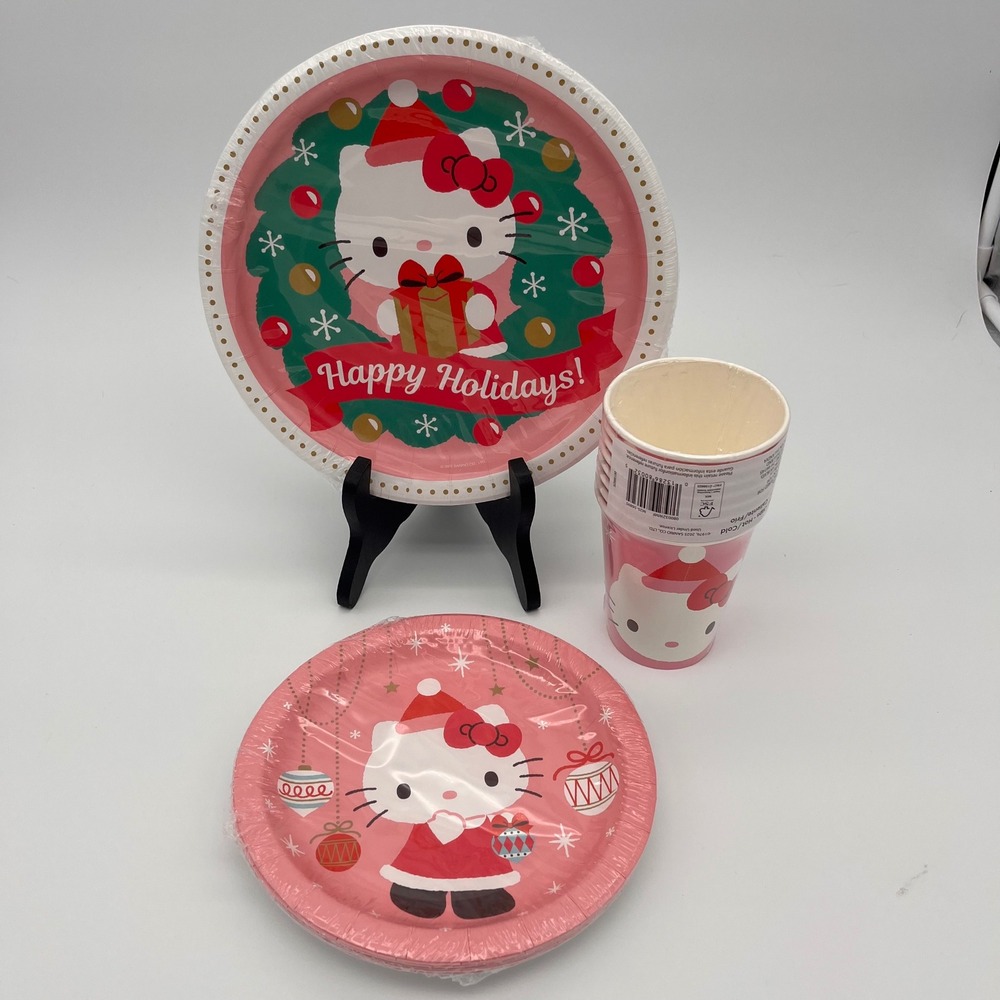 Hello Kitty Christmas Party Supplies Set Plates and Cups Happy Holidays Pink